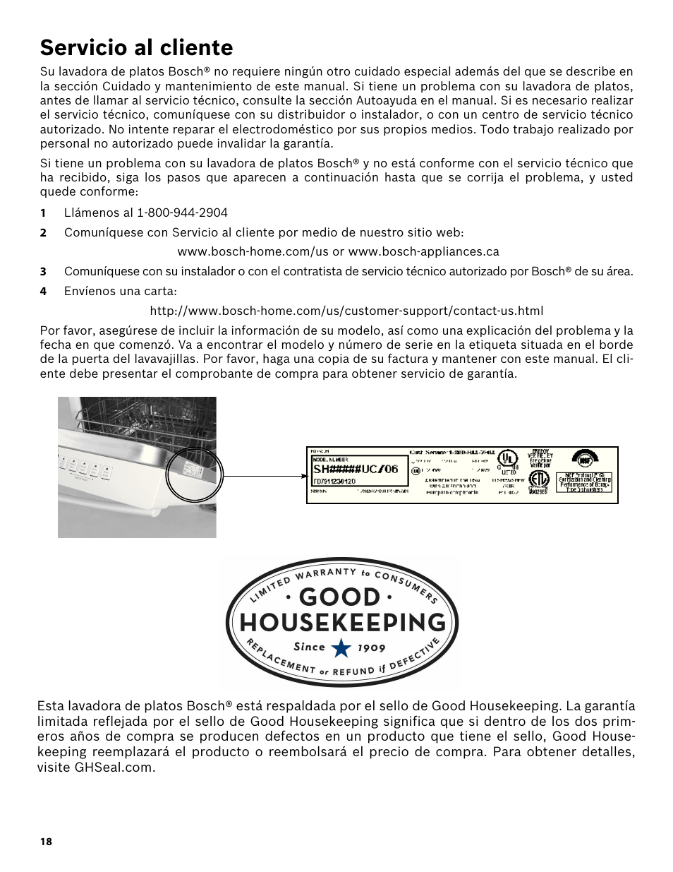 Servicio al cliente, 1 llámenos al 1-800-944-2904, 4 envíenos una carta | Bosch SHX3AR52UC User Manual | Page 60 / 64