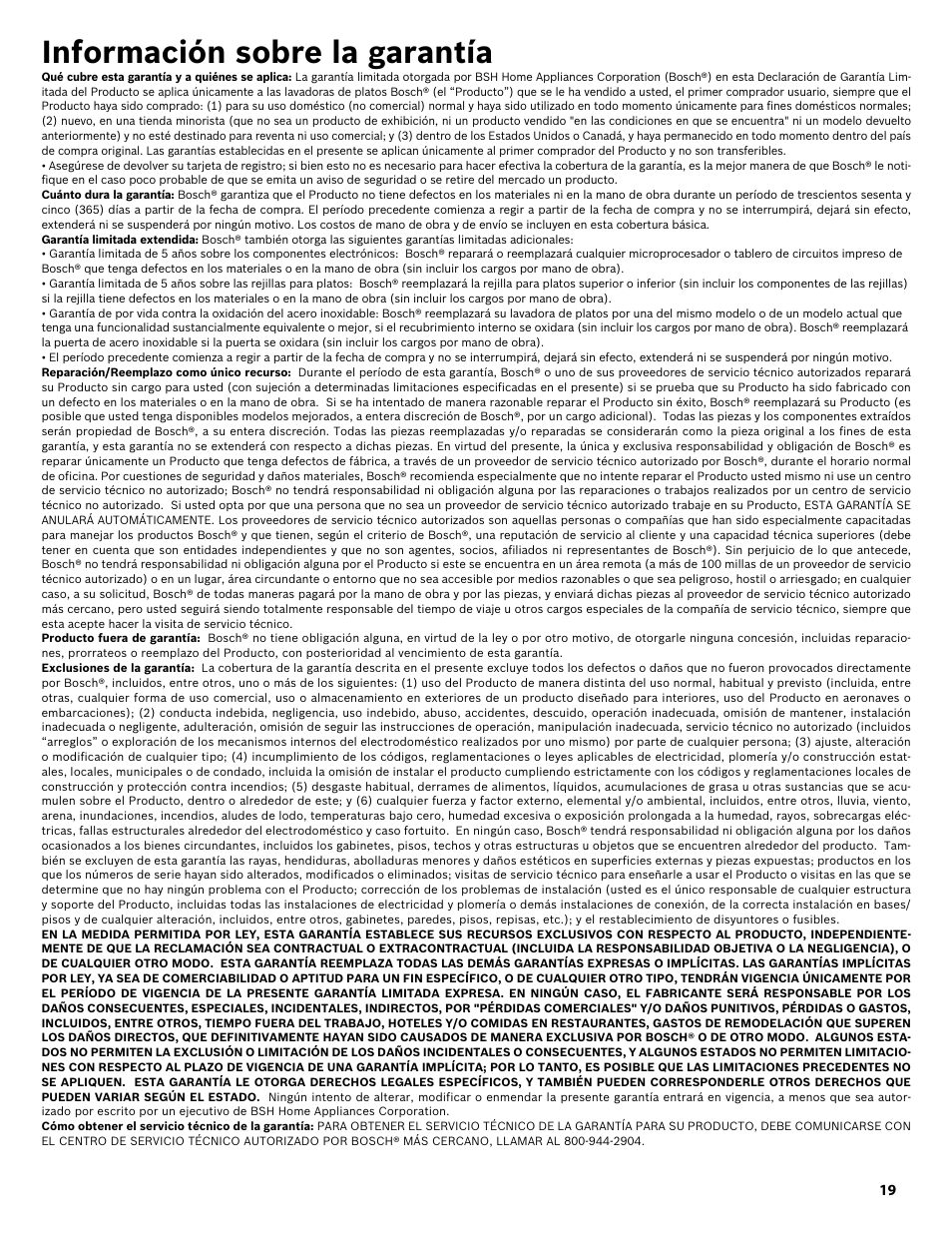 Información sobre la garantía | Bosch SHX3AR52UC User Manual | Page 61 / 64