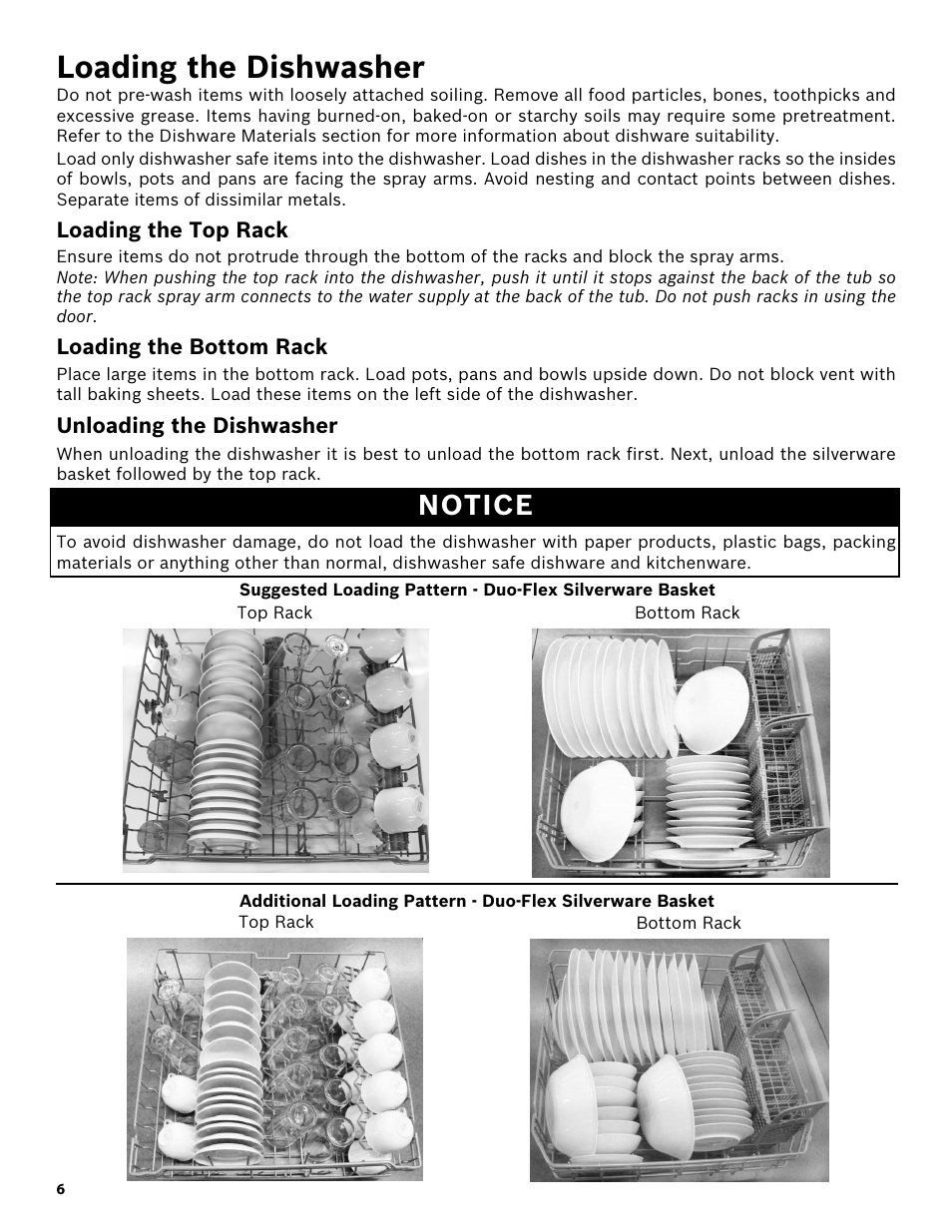 Loading the dishwasher, Loading the top rack, Loading the bottom rack | Unloading the dishwasher, Notice | Bosch SHX3AR52UC User Manual | Page 8 / 64