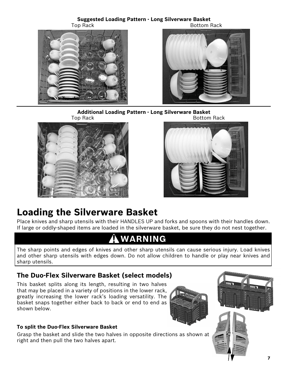 Loading the silverware basket, Warning, The duo-flex silverware basket (select models) | To split the duo-flex silverware basket | Bosch SHX3AR52UC User Manual | Page 9 / 64