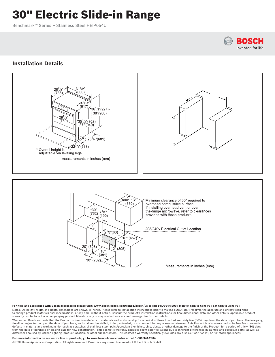 30" electric slide-in range, Installation details | Bosch HEIP054U User Manual | Page 2 / 2