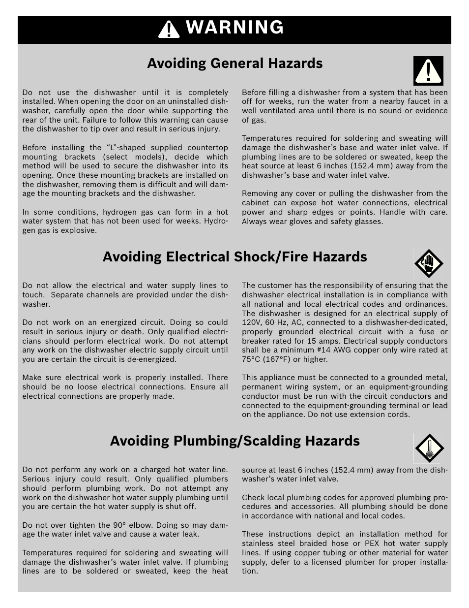 Avoiding general hazards, Avoiding electrical shock/fire hazards, Avoiding plumbing/scalding hazards | Warning | Bosch SHX4AT55UC User Manual | Page 3 / 22