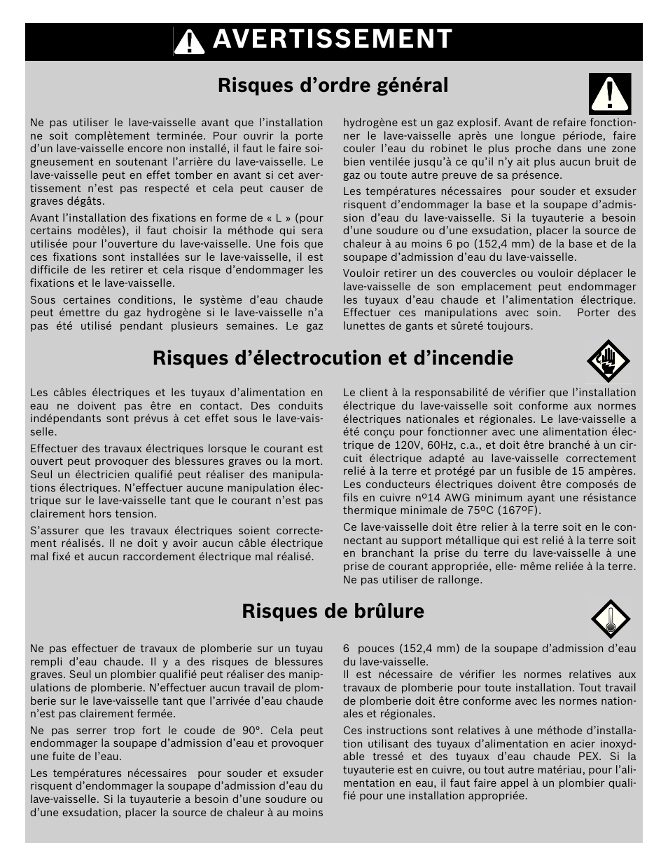 Risques d’électrocution et d’incendie, Avertissement, Risques d’ordre général | Risques de brûlure | Bosch SHX4AT55UC User Manual | Page 4 / 22