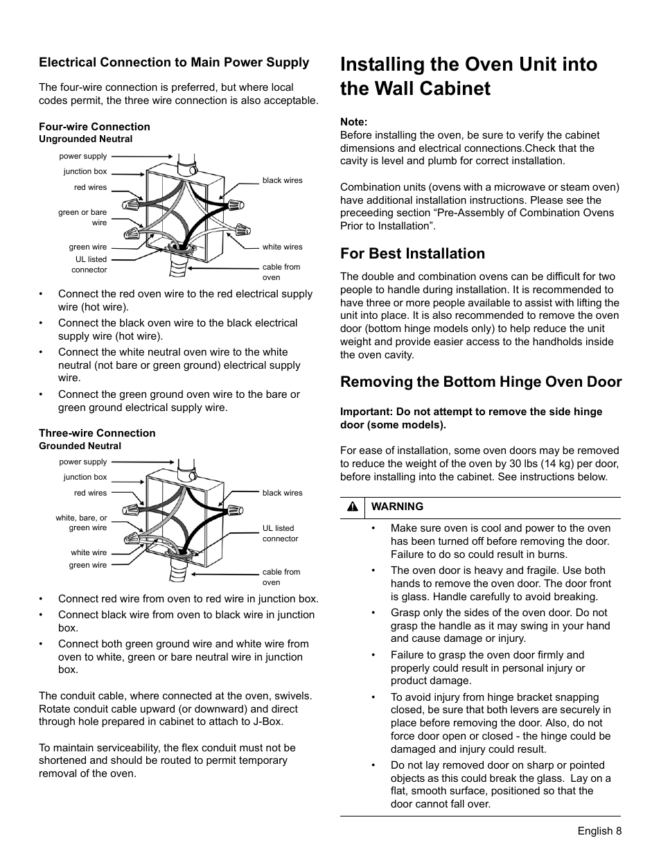 Installing the oven unit into the wall cabinet, For best installation, Removing the bottom hinge oven door | Electrical connection to main power supply | Bosch HBL8461UC User Manual | Page 11 / 56