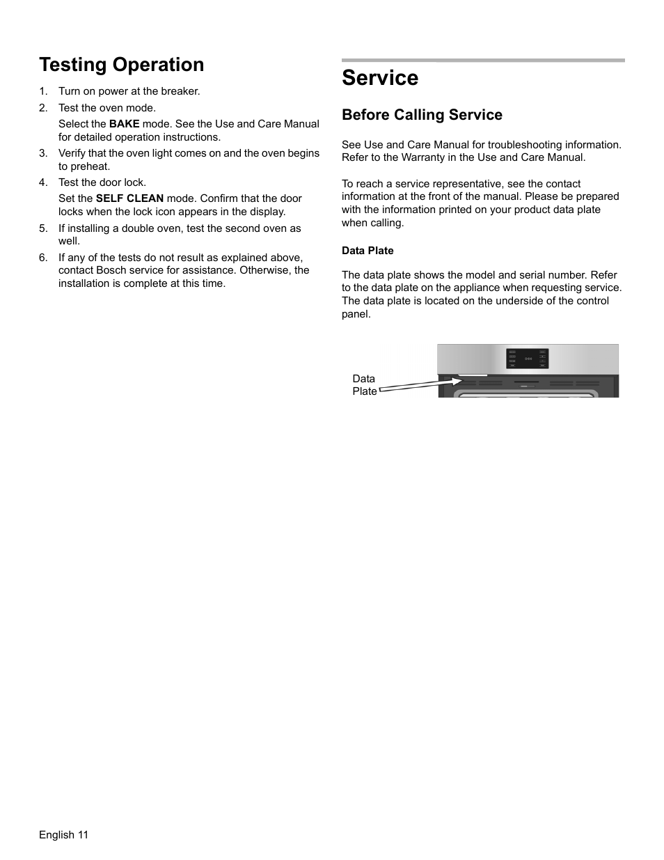 Service, Testing operation, Before calling service | Bosch HBL8461UC User Manual | Page 14 / 56