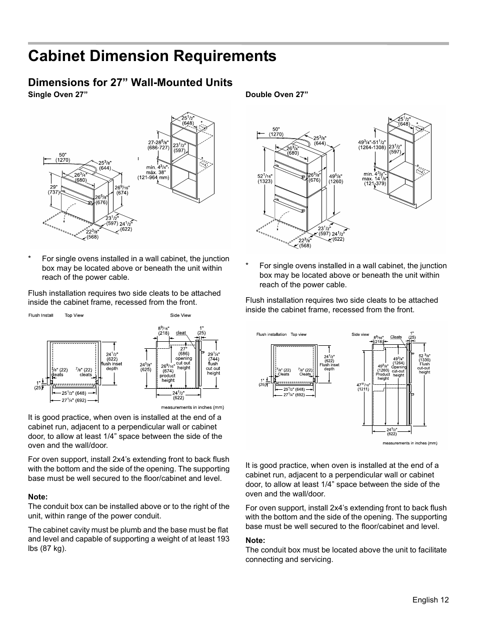 Cabinet dimension requirements, Dimensions for 27” wall-mounted units | Bosch HBL8461UC User Manual | Page 15 / 56