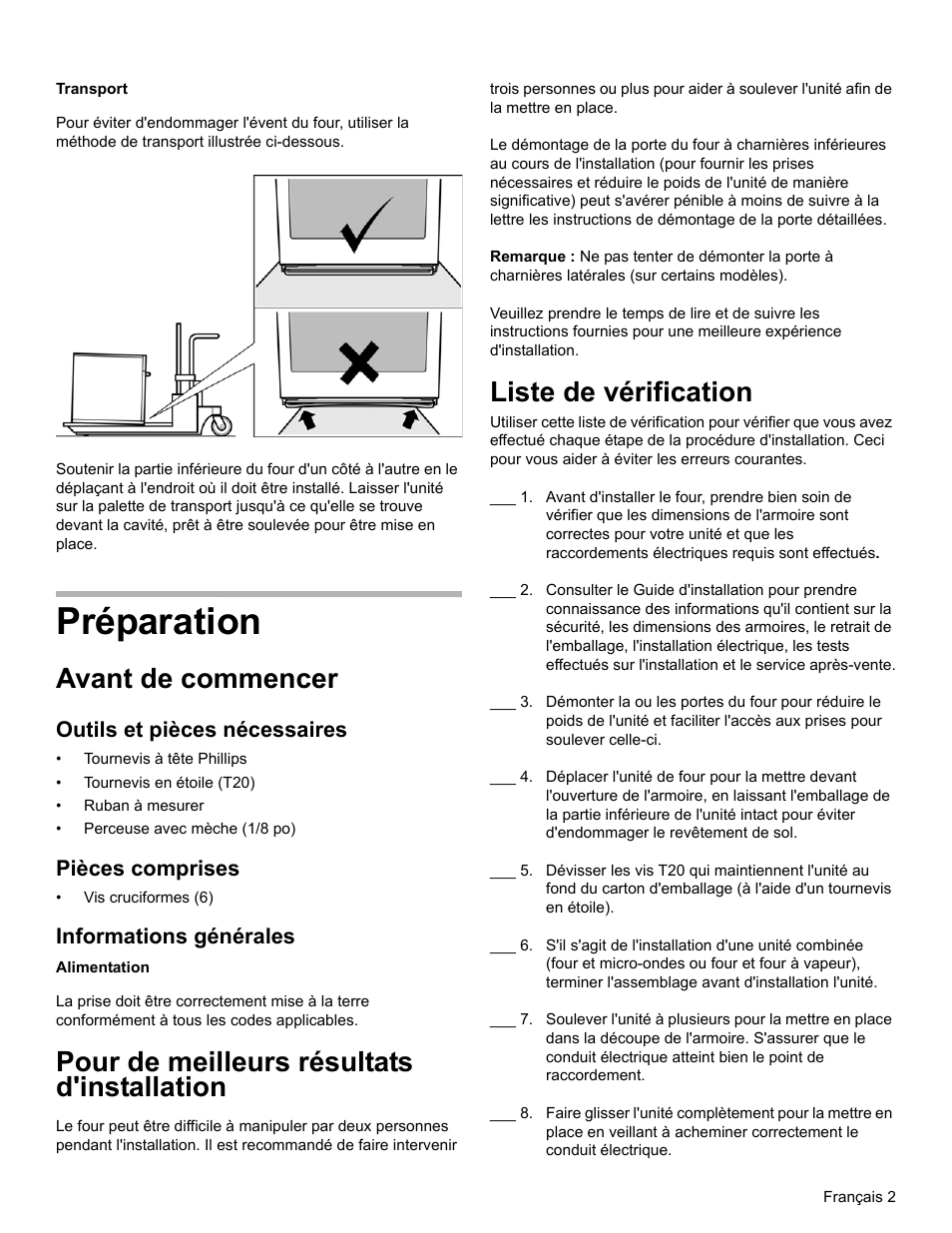 Préparation, Avant de commencer, Pour de meilleurs résultats d'installation | Liste de vérification, Outils et pièces nécessaires, Pièces comprises, Informations générales | Bosch HBL8461UC User Manual | Page 23 / 56