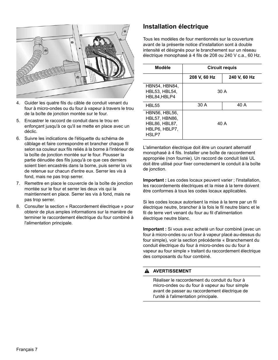 Installation électrique | Bosch HBL8461UC User Manual | Page 28 / 56