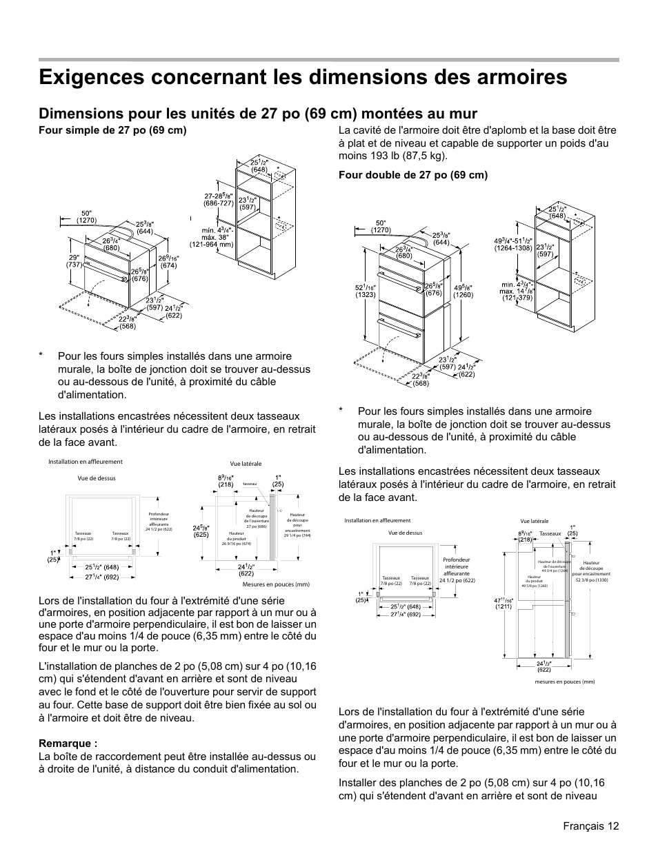 Exigences concernant les dimensions des armoires, Français 12 | Bosch HBL8461UC User Manual | Page 33 / 56