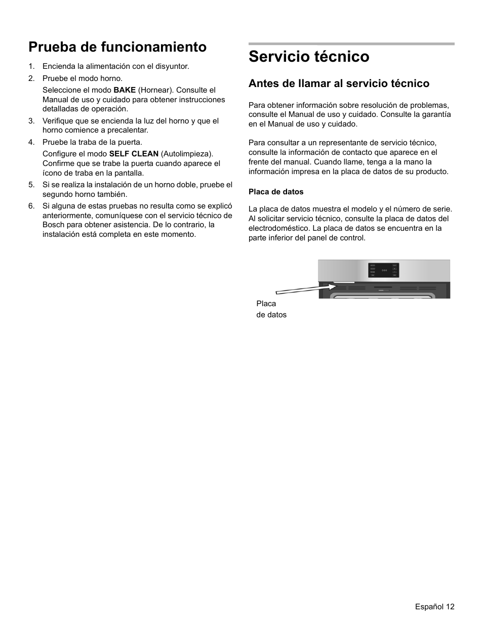 Servicio técnico, Prueba de funcionamiento, Antes de llamar al servicio técnico | Bosch HBL8461UC User Manual | Page 49 / 56