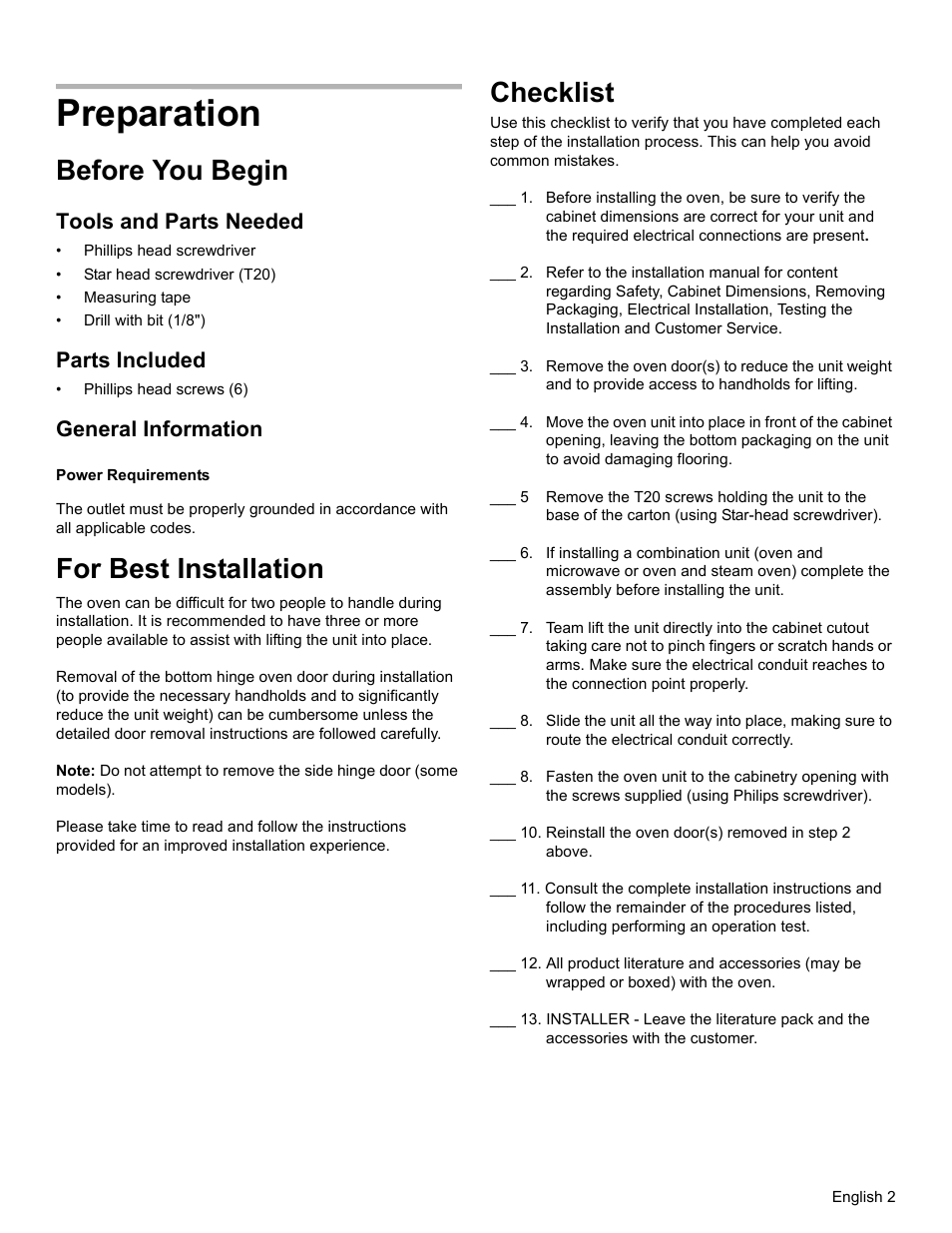 Preparation, Before you begin, For best installation | Checklist, Tools and parts needed, Parts included, General information | Bosch HBL8461UC User Manual | Page 5 / 56