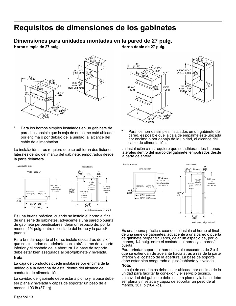 Requisitos de dimensiones de los gabinetes, Español 13 | Bosch HBL8461UC User Manual | Page 50 / 56