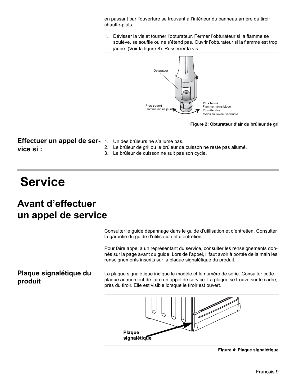 Effectuer un appel de service si, Un des brûleurs ne s’allume pas, Le brûleur de cuisson ne suit pas son cycle | Service, Avant d’effectuer un appel de service, Plaque signalétique du produit, Effectuer un appel de ser- vice si | Bosch HDS7052U User Manual | Page 21 / 32