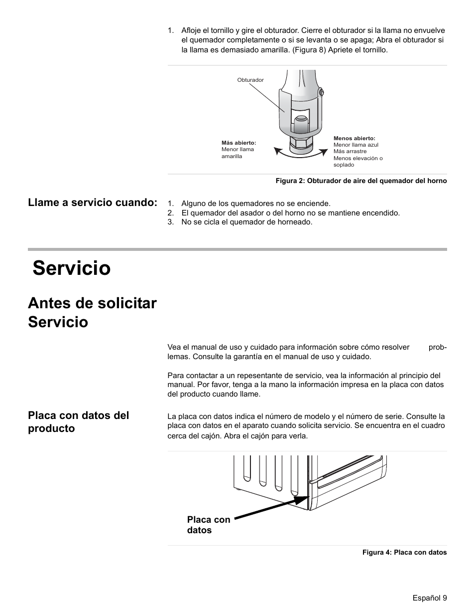 Llame a servicio cuando, Alguno de los quemadores no se enciende, No se cicla el quemador de horneado | Servicio, Antes de solicitar servicio, Placa con datos del producto | Bosch HDS7052U User Manual | Page 31 / 32