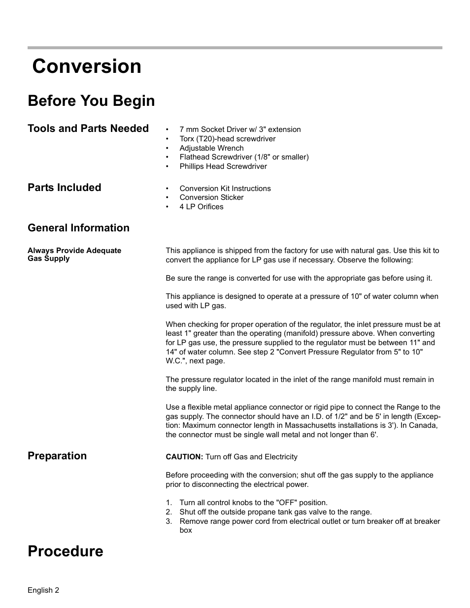 Conversion, Before you begin, Tools and parts needed | Parts included, General information, Always provide adequate gas supply, Preparation, Turn all control knobs to the "off" position, Procedure | Bosch HDS7052U User Manual | Page 4 / 32