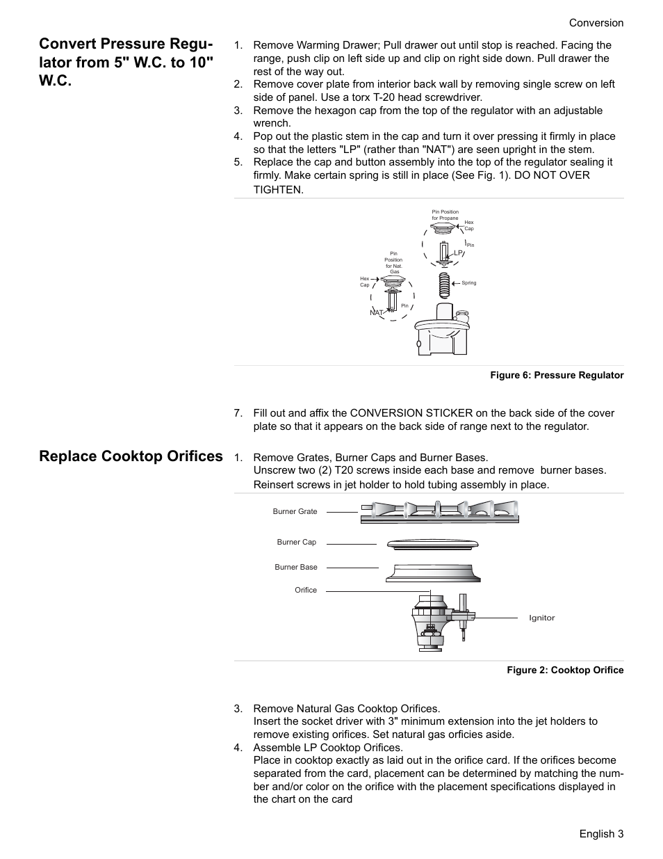 Convert pressure regulator from 5" w.c. to 10" w.c, Replace cooktop orifices | Bosch HDS7052U User Manual | Page 5 / 32