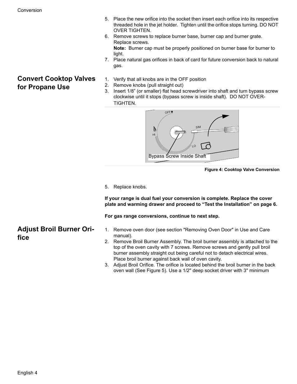 Convert cooktop valves for propane use, Verify that all knobs are in the off position, Remove knobs (pull straight out) | Replace knobs, Adjust broil burner orifice, Adjust broil burner ori- fice | Bosch HDS7052U User Manual | Page 6 / 32