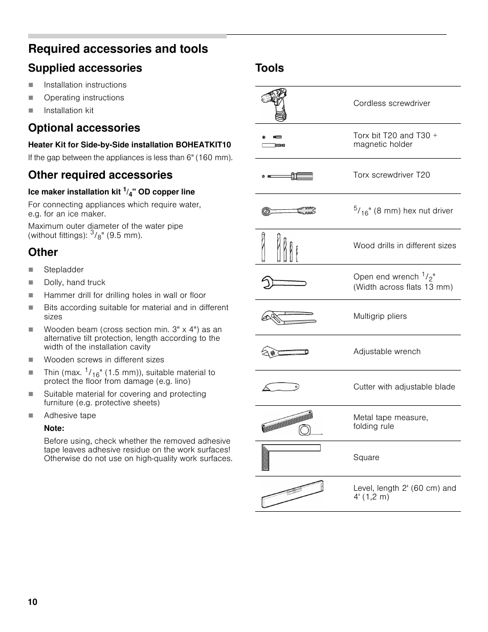 Required accessories and tools, Supplied accessories, Optional accessories | Other required accessories, Other, Tools | Bosch B30BB830SS User Manual | Page 10 / 61