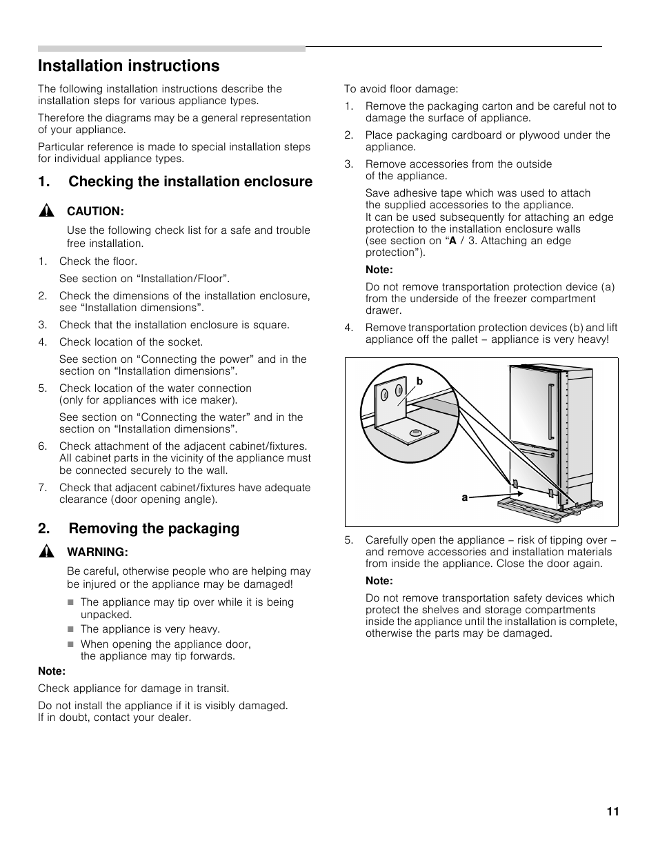 Installation instructions, Checking the installation enclosure, Removing the packaging | Bosch B30BB830SS User Manual | Page 11 / 61