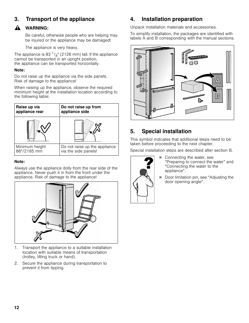 Transport of the appliance, Installation preparation, Special installation | Bosch B30BB830SS User Manual | Page 12 / 61