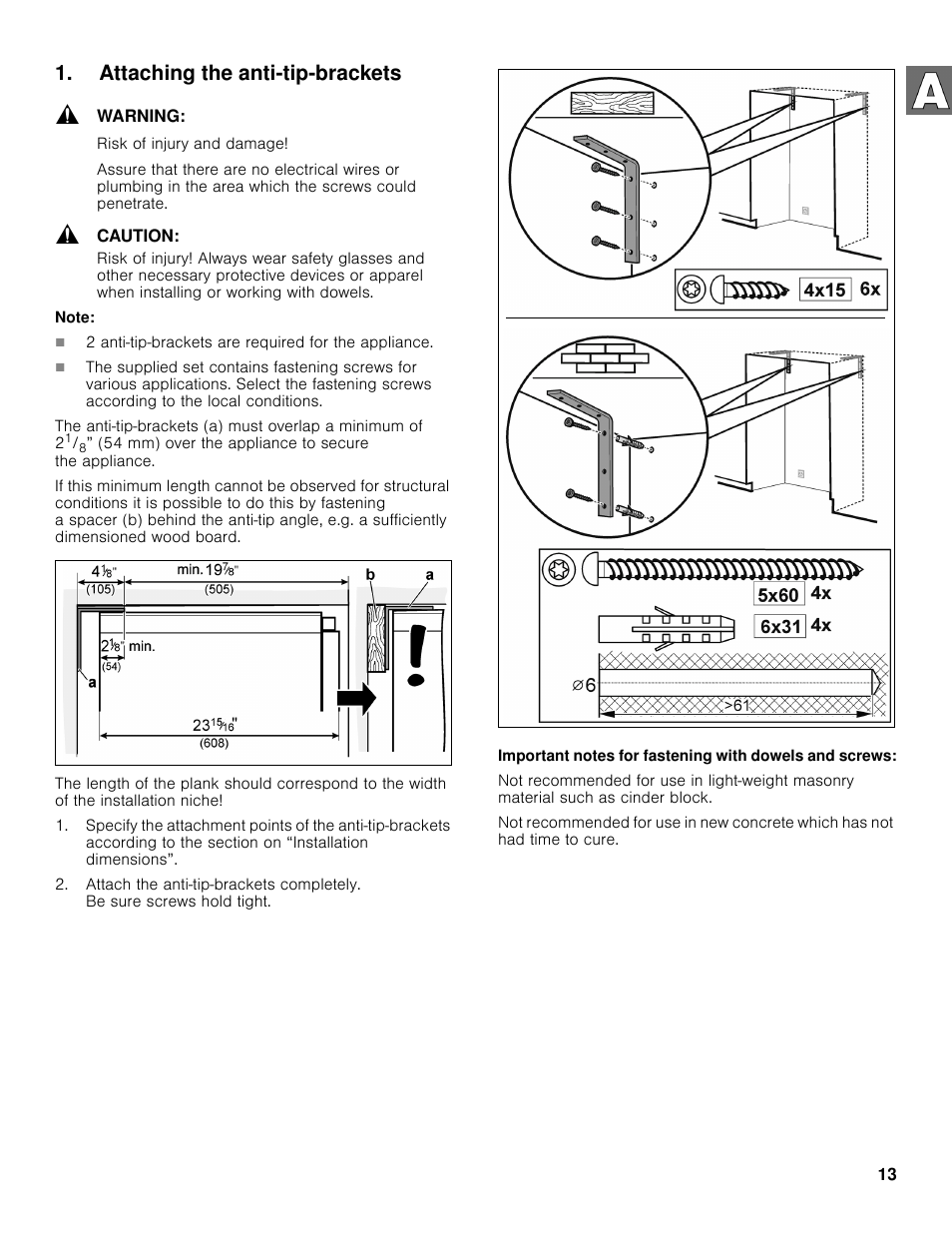 Attaching the anti-tip-brackets | Bosch B30BB830SS User Manual | Page 13 / 61