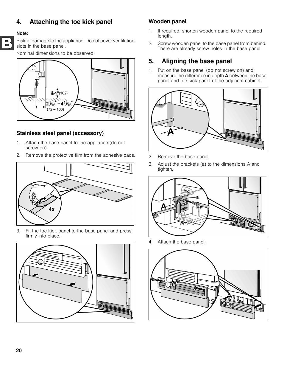 Attaching the toe kick panel, Aligning the base panel | Bosch B30BB830SS User Manual | Page 20 / 61