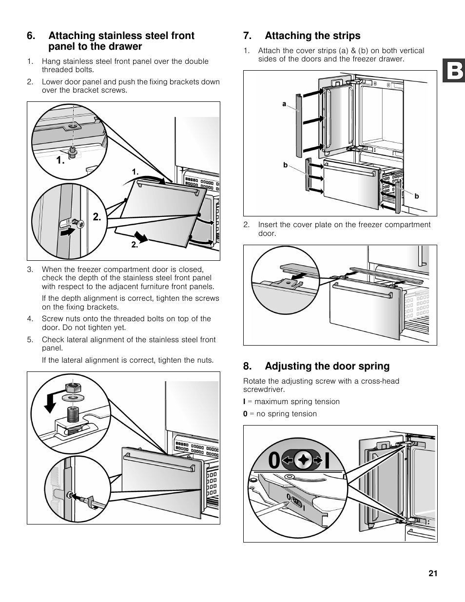 Attaching the strips, Adjusting the door spring | Bosch B30BB830SS User Manual | Page 21 / 61