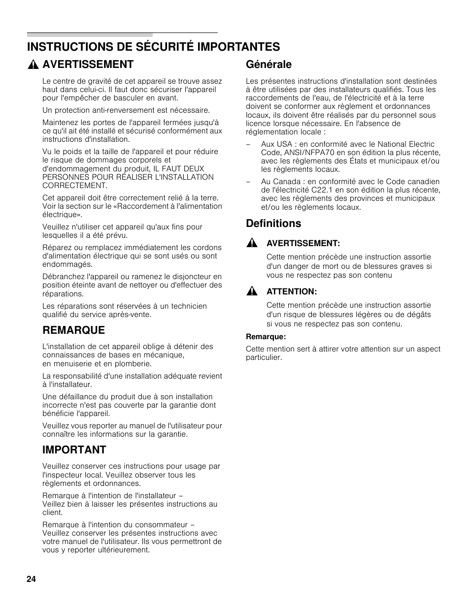 Instructions de sécurité importantes, Avertissement, Remarque | Important, Générale, Definitions | Bosch B30BB830SS User Manual | Page 24 / 61