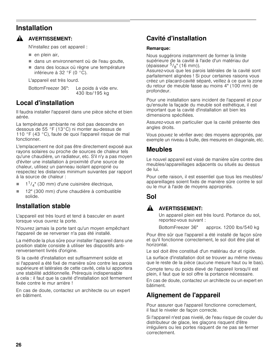 Installation, Local d'installation, Installation stable | Cavité d'installation, Meubles, Alignement de l'appareil | Bosch B30BB830SS User Manual | Page 26 / 61