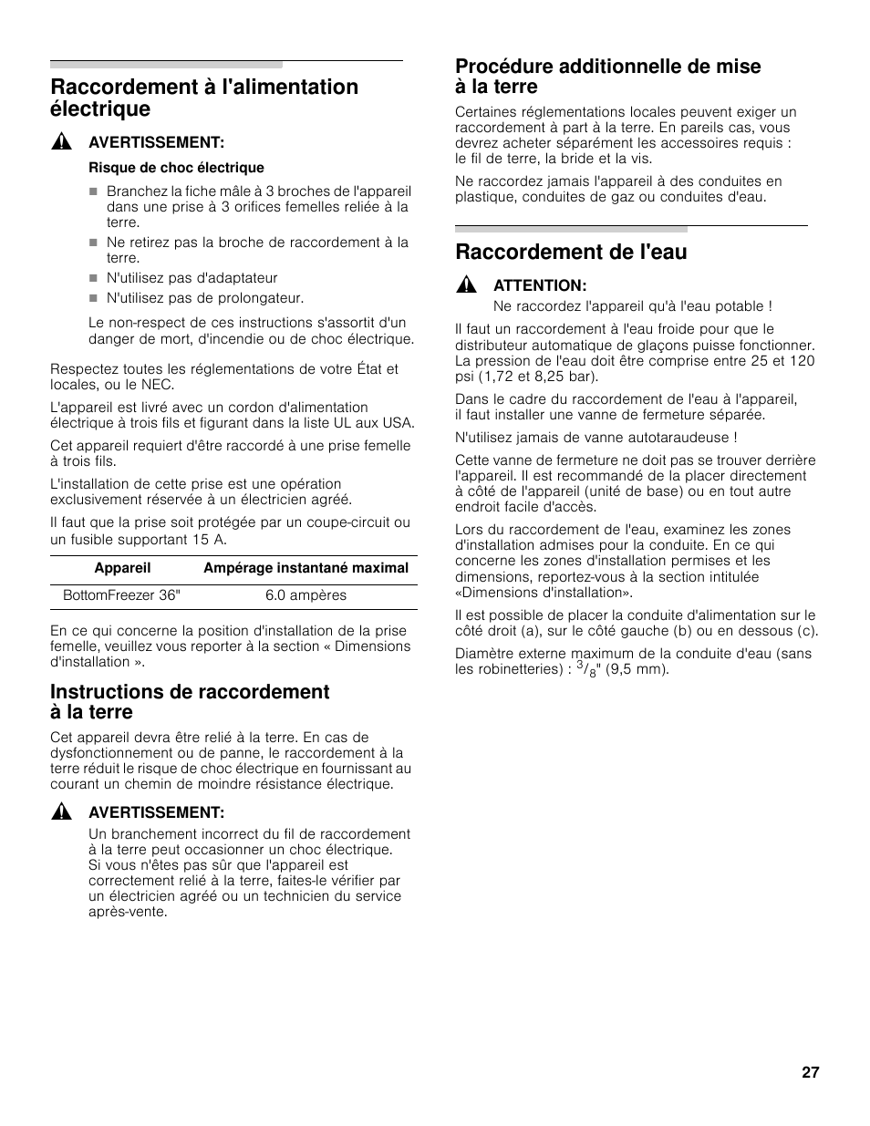 Raccordement à l'alimentation électrique, Raccordement de l'eau, Instructions de raccordement à la terre | Procédure additionnelle de mise à la terre | Bosch B30BB830SS User Manual | Page 27 / 61