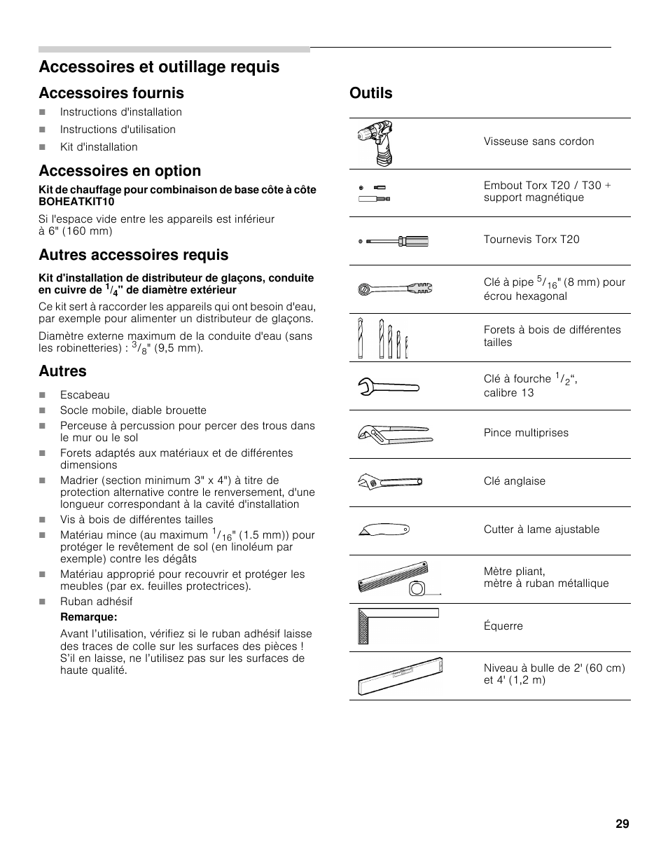 Accessoires et outillage requis, Accessoires fournis, Accessoires en option | Autres accessoires requis, Autres, Outils | Bosch B30BB830SS User Manual | Page 29 / 61