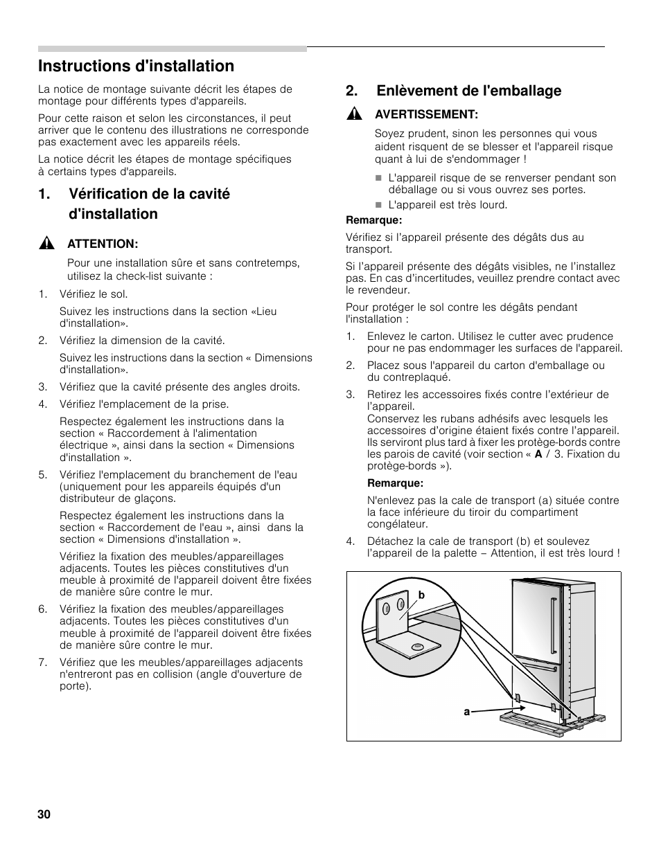 Instructions d'installation, Vérification de la cavité d'installation, Enlèvement de l'emballage | Bosch B30BB830SS User Manual | Page 30 / 61