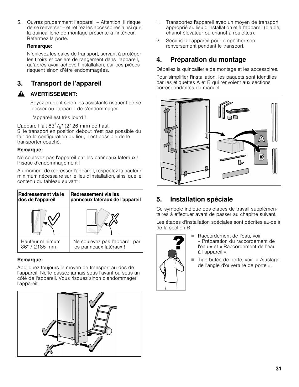 Transport de l'appareil, Préparation du montage, Installation spéciale | Bosch B30BB830SS User Manual | Page 31 / 61