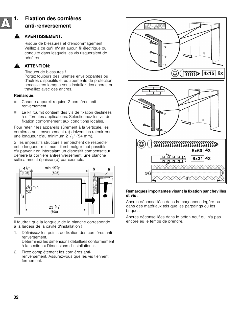 F ixation des cornières anti-renversement | Bosch B30BB830SS User Manual | Page 32 / 61