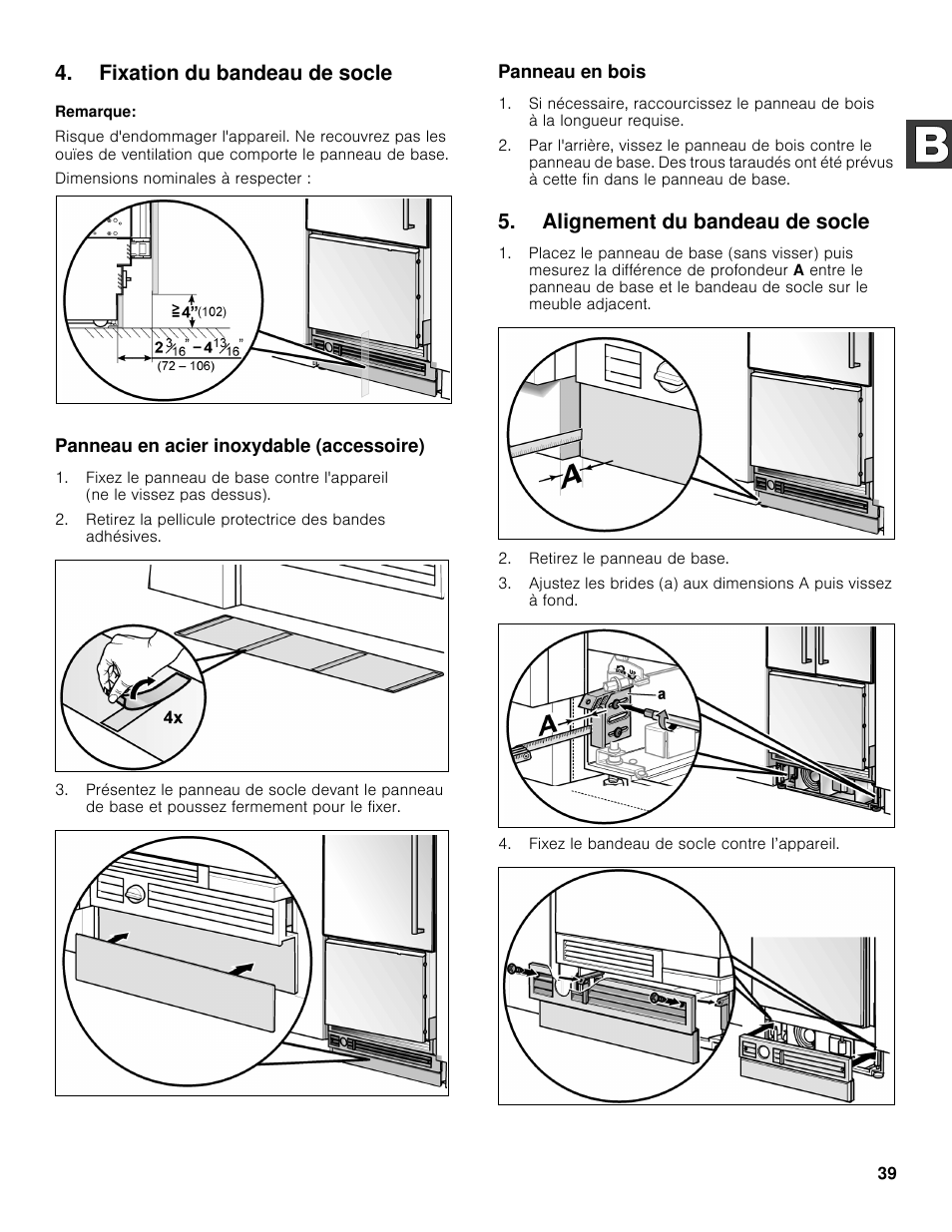 Fixation du bandeau de socle, Alignement du bandeau de socle | Bosch B30BB830SS User Manual | Page 39 / 61