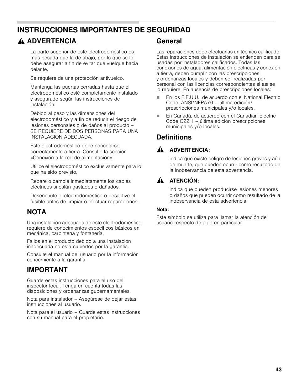 Instrucciones importantes de seguridad, Advertencia, Nota | Important, General, Definitions | Bosch B30BB830SS User Manual | Page 43 / 61