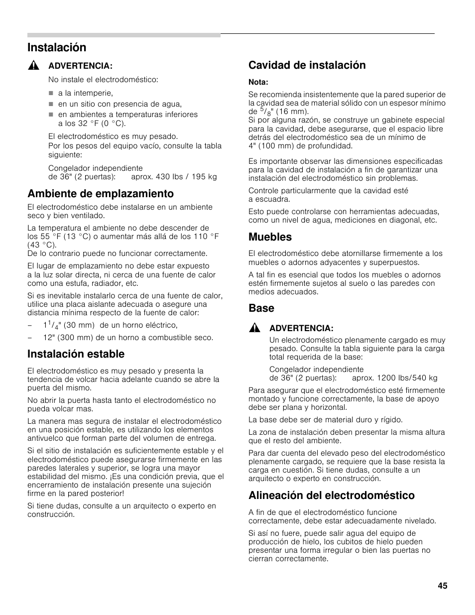 Instalación, Ambiente de emplazamiento, Instalación estable | Cavidad de instalación, Muebles, Base, Alineación del electrodoméstico | Bosch B30BB830SS User Manual | Page 45 / 61