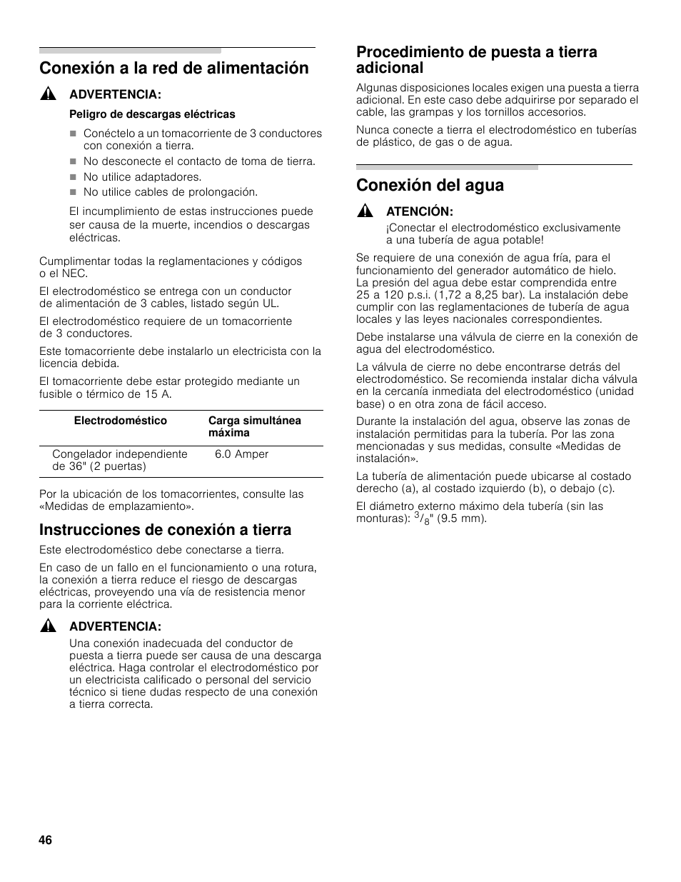 Conexión a la red de alimentación, Conexión del agua, Instrucciones de conexión a tierra | Procedimiento de puesta a tierra adicional | Bosch B30BB830SS User Manual | Page 46 / 61