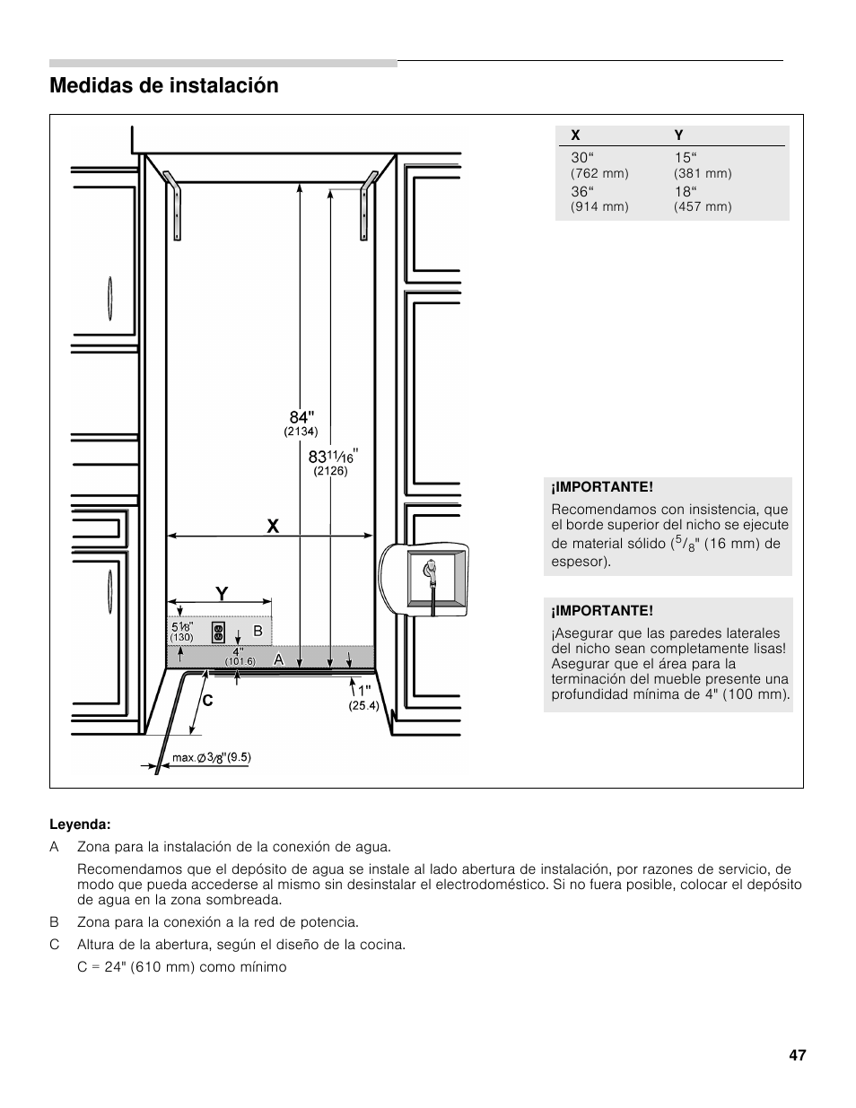 Medidas de instalación | Bosch B30BB830SS User Manual | Page 47 / 61