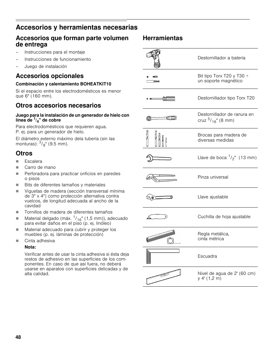 Accesorios y herramientas necesarias, Accesorios que forman parte volumen de entrega, Accesorios opcionales | Otros accesorios necesarios, Otros, Herramientas | Bosch B30BB830SS User Manual | Page 48 / 61