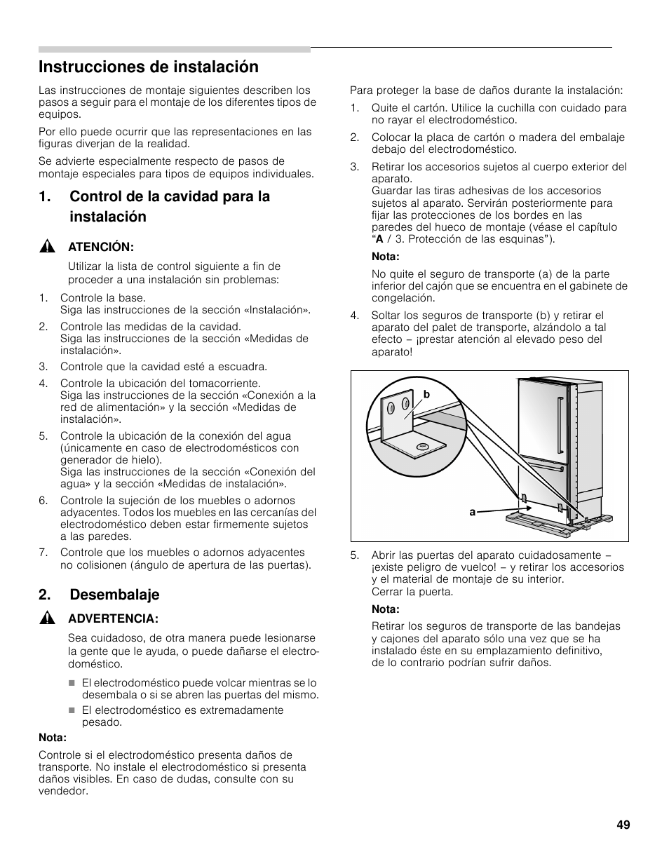 Instrucciones de instalación, Control de la cavidad para la instalación, Desembalaje | Bosch B30BB830SS User Manual | Page 49 / 61