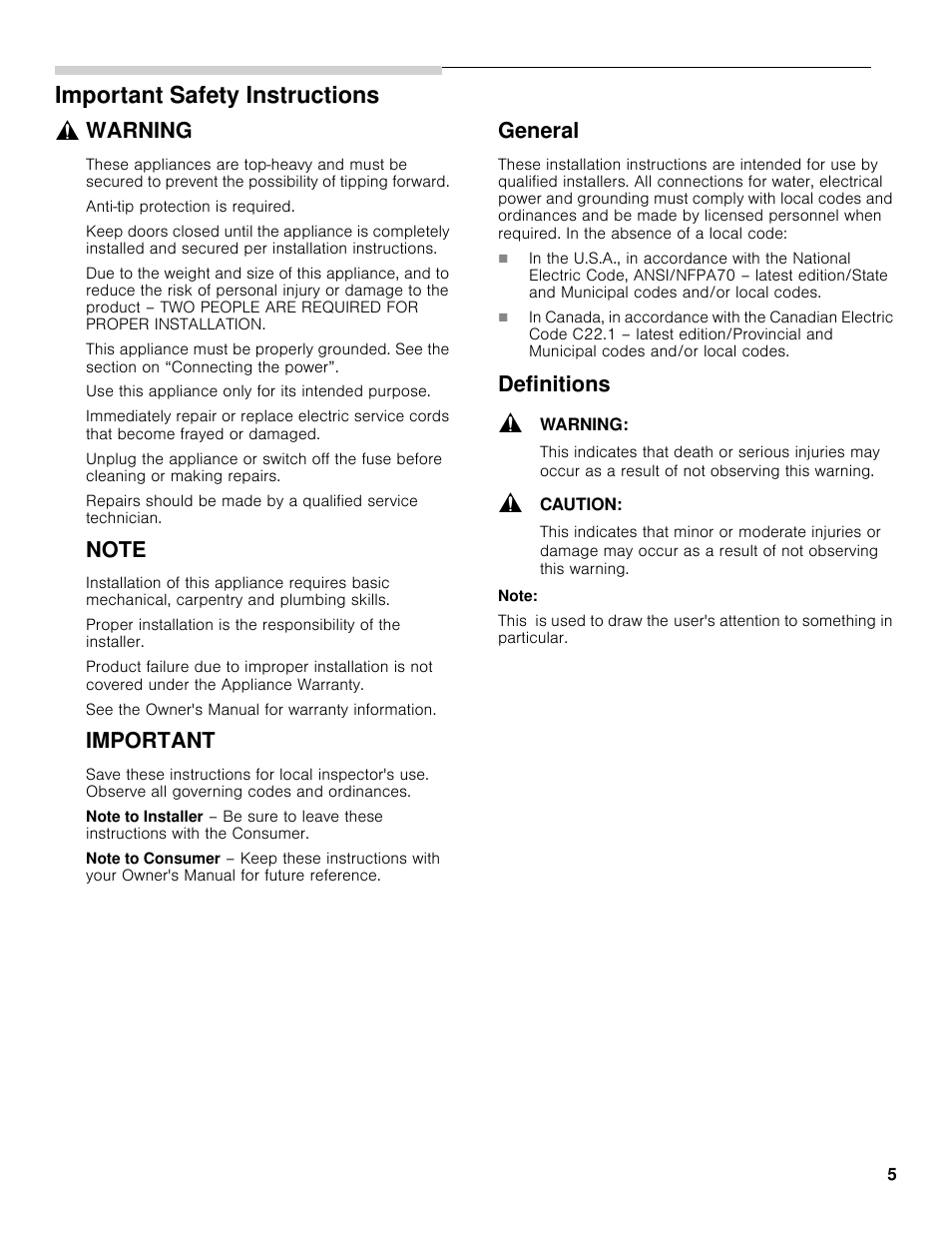 Important safety instructions, Warning, Important | General, Definitions | Bosch B30BB830SS User Manual | Page 5 / 61