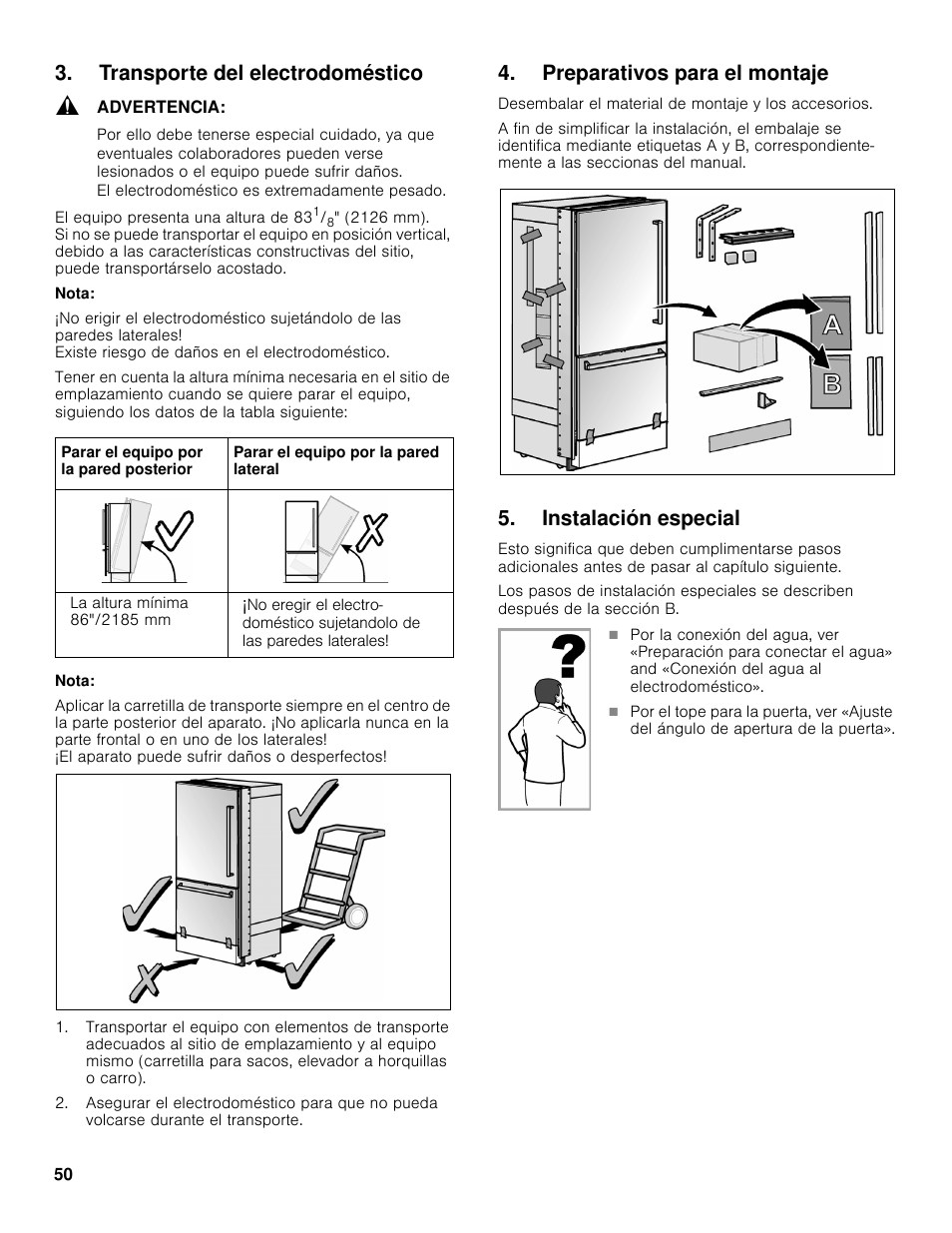 Transporte del electrodoméstico, Preparativos para el montaje, Instalación especial | Bosch B30BB830SS User Manual | Page 50 / 61