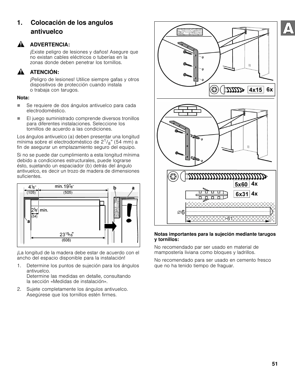 Colocación de los angulos antivuelco | Bosch B30BB830SS User Manual | Page 51 / 61