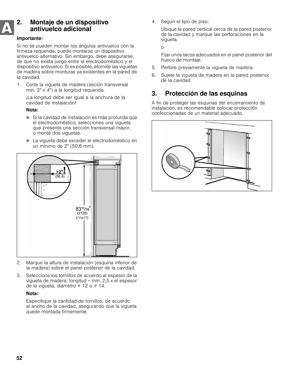 Montaje de un dispositivo antivuelco adicional, Protección de las esquinas | Bosch B30BB830SS User Manual | Page 52 / 61