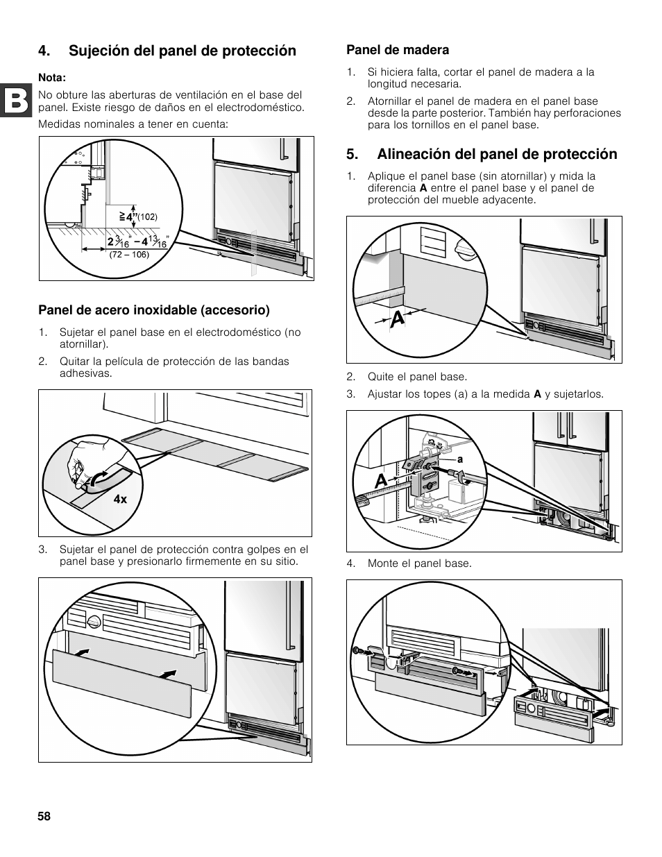 Sujeción del panel de protección, Alineación del panel de protección | Bosch B30BB830SS User Manual | Page 58 / 61