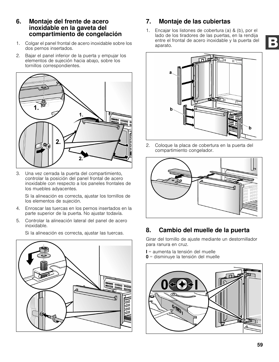 Montaje de las cubiertas, Cambio del muelle de la puerta | Bosch B30BB830SS User Manual | Page 59 / 61