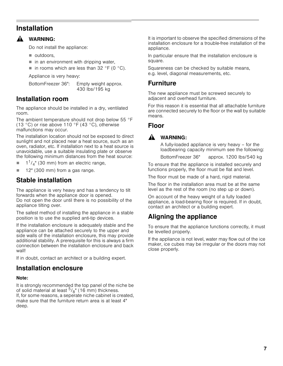 Installation, Installation room, Stable installation | Installation enclosure, Furniture, Floor, Aligning the appliance | Bosch B30BB830SS User Manual | Page 7 / 61