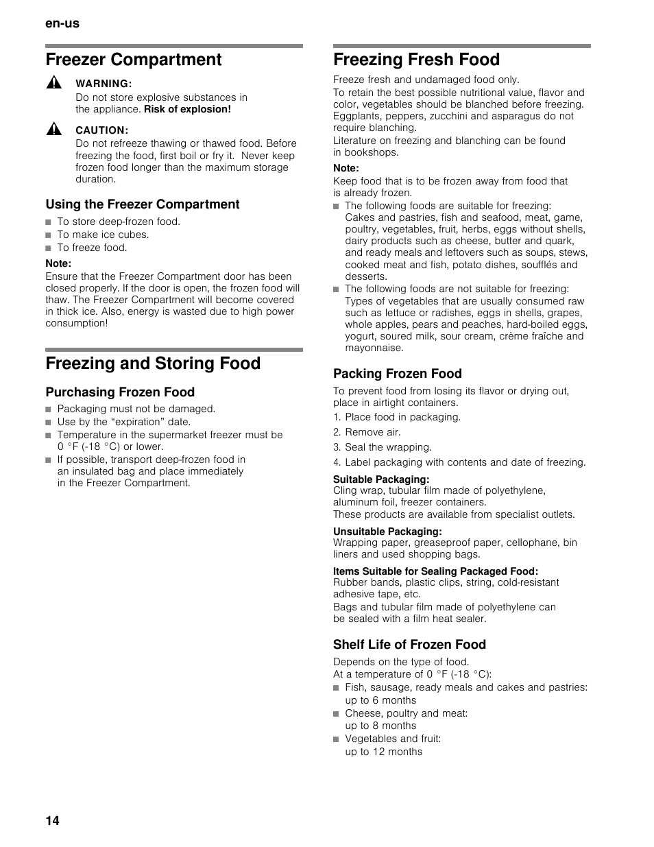 Freezer compartment, Warning, Caution | Using the freezer compartment, Note, Freezing and storing food, Purchasing frozen food, Freezing fresh food, Freeze fresh and undamaged food only, Packing frozen food | Bosch B30BB830SS User Manual | Page 14 / 74