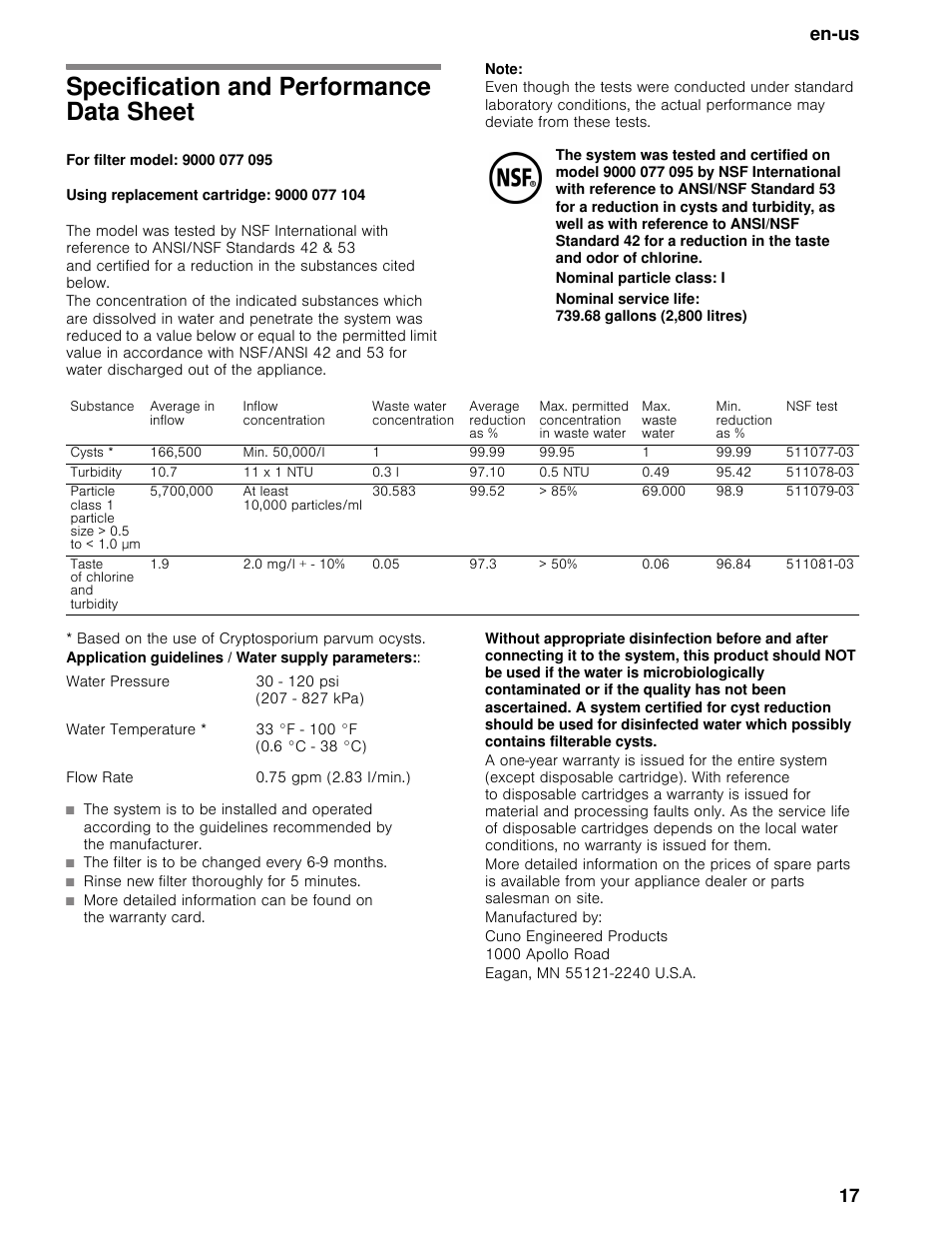 Specification and performance data sheet, For filter model: 9000 077 095, Using replacement cartridge: 9000 077 104 | Note, Based on the use of cryptosporium parvum ocysts, Application guidelines / water supply parameters, Manufactured by, Cuno engineered products, 1000 apollo road, Eagan, mn 55121-2240 u.s.a | Bosch B30BB830SS User Manual | Page 17 / 74